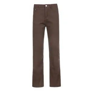 High-waist brown slim fit flare jeans for women featuring a trendy raw hem and solid color