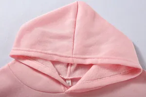 Vista dettagliata del cappuccio rosa foderato in pile di una felpa casual da donna