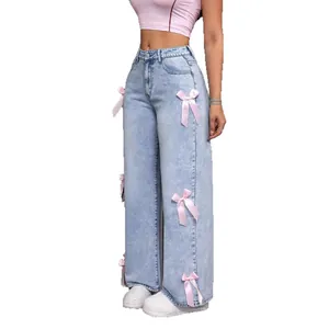Y2K street style high-waisted wide-leg washed denim jeans with decorative pink ribbon bows