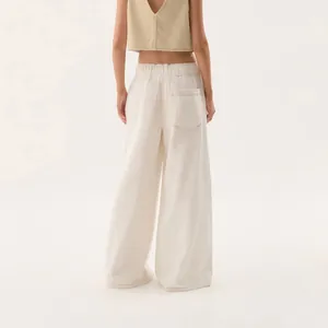 Back view of women's vintage white wide-leg denim pants showing fit and pocket detail