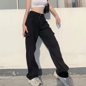 Pantalon Cargo en Denim à Taille Haute pour Femmes Jeans Amples à Jambes Larges Droites Streetwear Décontracté Couleur Unie Avec Poches