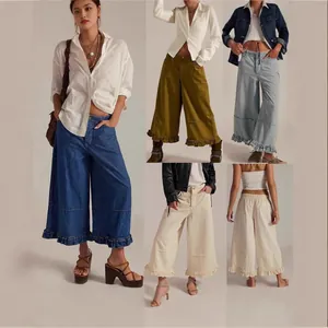 Women's Casual Wide Leg Cropped Jeans Ruffled Hem High Waist Washed Denim Pants Light Blue Off-White Army Green Denim Jeans