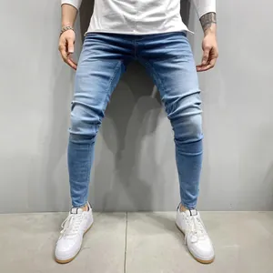 Men's slim fit stretch skinny denim jeans in light blue wash for a classic casual look