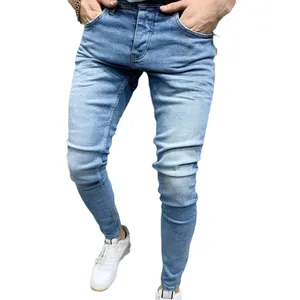 Men's light blue stretch skinny denim jeans with a slim fit and washed texture