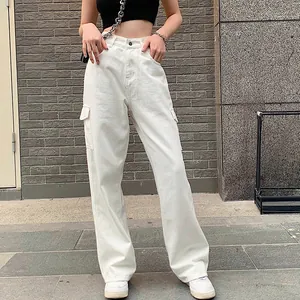 Jean cargo blanc à taille haute et coupe large décontractée pour un look urbain