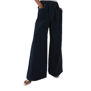 Vintage dark wash wide-leg denim jeans with elastic drawstring waist for women