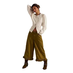 Stylish women's wide-leg cropped jeans featuring a ruffled hem in earthy khaki green color