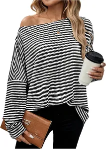 Damen Casual schwarz-weiß gestreifter lockerer Strickpullover mit Rundhalsausschnitt, Mode
