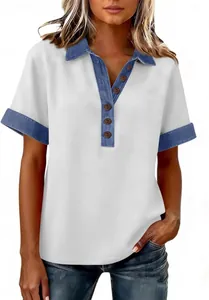Lässiges weißes Kurzarm-T-Shirt für Damen mit blauem Jeansbesatz am Reverskragen