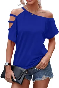 Women's royal blue off-shoulder t-shirt with cutout sleeve detail and relaxed fit