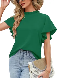 Detailed visual of a women's elegant green ruffle short sleeve blouse for professional work