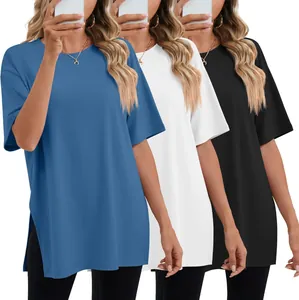 Oversized crew neck t-shirts with side slits shown in blue white and black solid colors
