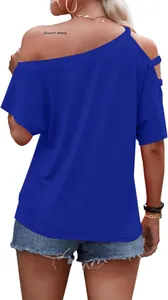 Detailed back view of women's blue off-shoulder summer t-shirt with loose fit design