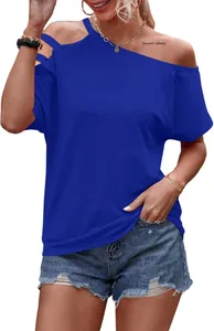Close-up of vibrant blue asymmetric off-shoulder short sleeve t-shirt on a model.