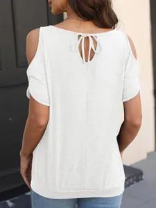 Detailed back view of a white cold shoulder T-shirt with keyhole tie and batwing sleeves
