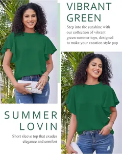 Elegant vibrant green ruffle sleeve summer blouse for women featuring a frill neckline