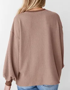 Gedetailleerd achteraanzicht van een roze getextureerde losse sweatshirt met mouwen