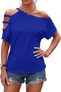 A close-up view of a blue loose off-shoulder T-shirt featuring stylish cutout strap details.