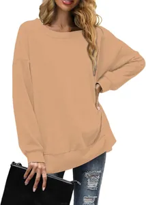 Elegante sudadera de cuello redondo informal para mujer en color liso marrón claro