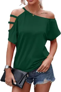 Detail view of dark green off-shoulder t-shirt with cold-shoulder strap design