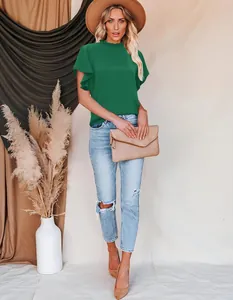 Elegant dark green ruffled short sleeve work blouse with stand collar for women's summer fashion