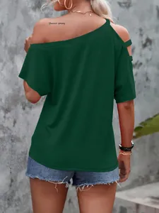 Back view of a trendy women's green off-shoulder loose fit t-shirt for summer fashion