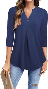 Close-up of women's dark blue 3/4 sleeve V-neck blouse with elegant front pleat detail.