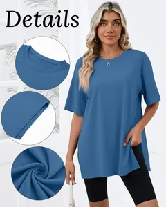 Detail callouts of neckline, hem slit, and fabric texture on a blue loose-fit women's T-shirt.