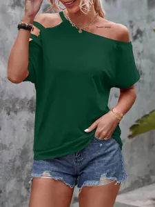 Detail of dark green off-shoulder t-shirt with asymmetric neckline on model