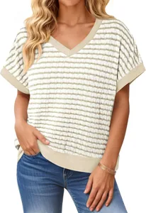 Casual dames T-shirt met V-hals en korte mouwen met gebreide strepen
