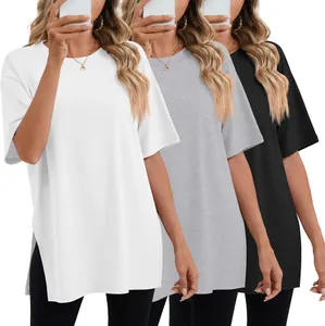Detail view of women's loose side-slit short-sleeve T-shirts in white, gray, and black.