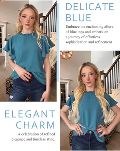 Chic blue summer blouse featuring a refined ruffled collar and delicate flutter sleeves