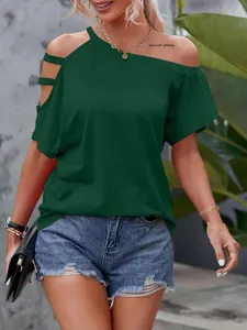 Detailed view of women's dark green cold-shoulder T-shirt with cutout sleeve design