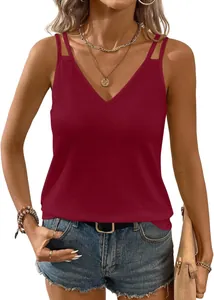 Elegante camiseta sin mangas bordeaux con cuello en V y tirantes dobles para el verano