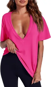 T-shirt sexy fuchsia col en V profond pour femme, haut d'été décontracté coupe ample