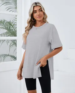Loose fit grey short sleeve T-shirt for women with side slit and round neck design