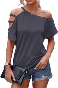 Detailed shot of a casual dark grey off-the-shoulder t-shirt with stylish cutout shoulder