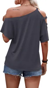 Back view of a grey off-the-shoulder summer t-shirt with a loose fit and short sleeves.