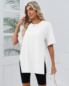 Side split loose white crew neck short sleeve T-shirt for women in casual summer style