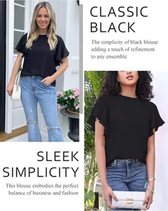 Detail view of elegant women's black pleated blouse with flutter sleeves for workwear.