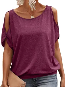Close-up of a maroon cold-shoulder batwing T-shirt showing fabric texture and loose fit