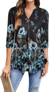 Detail view of women's floral print 3/4 sleeve tunic blouse featuring a V-neckline.