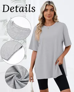 Detail views of grey loose side slit t-shirt with round neck for women