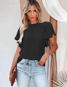 Detail view of an elegant black pleated short sleeve blouse with stylish ruffled sleeves