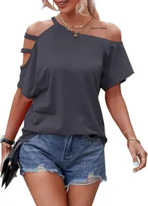 Detail of dark grey off-the-shoulder loose t-shirt for women summer wear