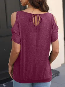Back view detail of a loose burgundy cold shoulder T-shirt for women with tie-back neck