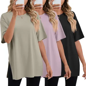 Close-up of loose-fit crew neck t-shirts with stylish side split details in three colors