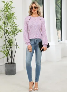 Casual wafelgebreid shirt met lange mouwen voor dames met knoopjes op de schouder