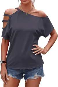 Detailed view of women's dark grey off-shoulder t-shirt featuring sleeve cut-out accents