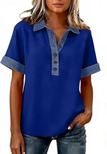 Lässiges königsblaues Damen-Poloshirt mit Denim-Kragenbesatz und kurzen Ärmeln Design
